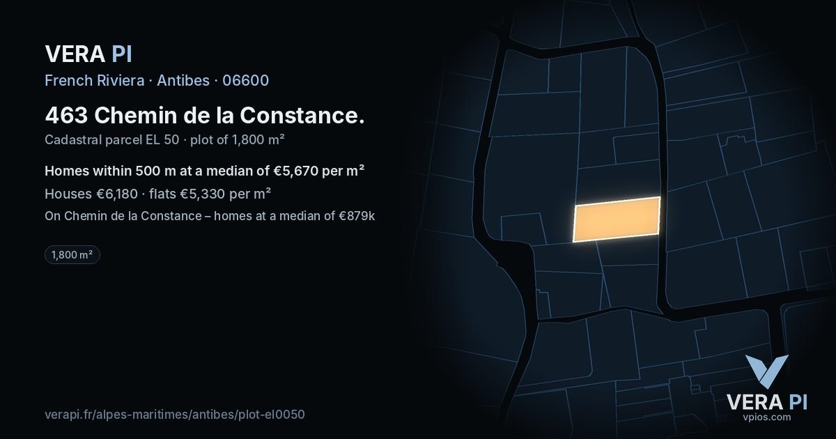 463 Chemin de la Constance, Antibes at night – the plot lit, the parcels around coloured by the prices near them