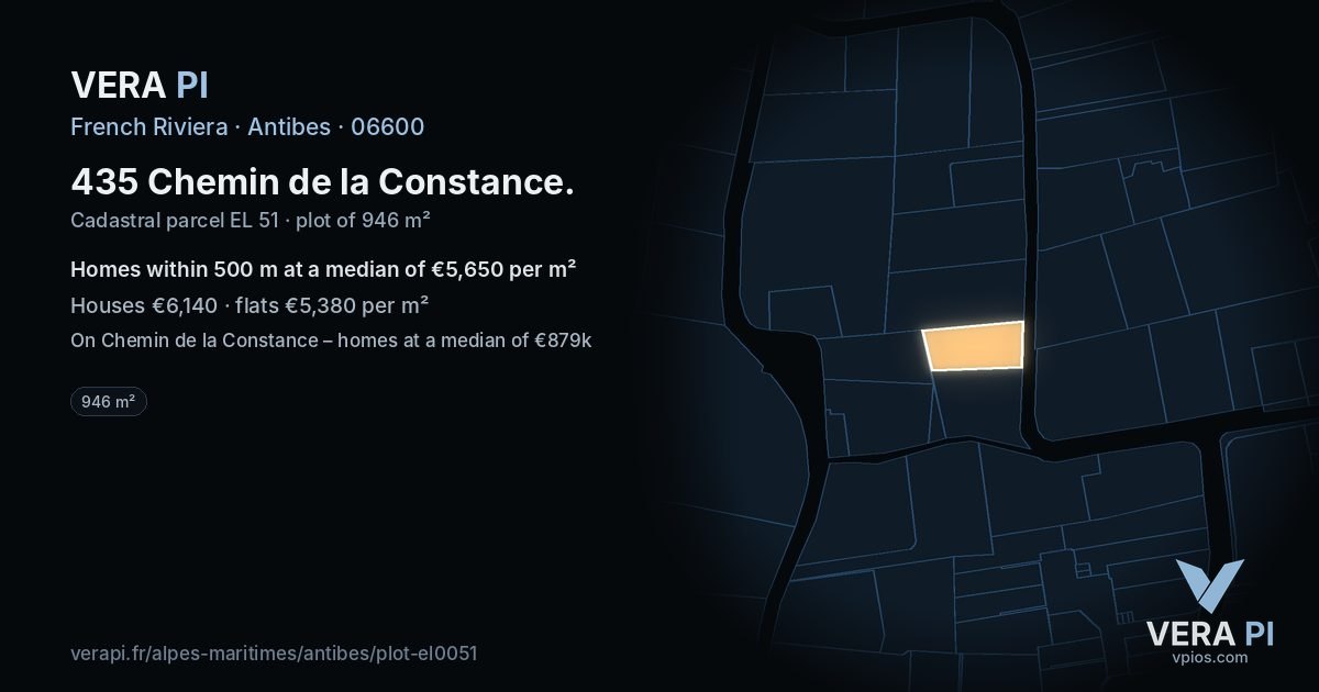 435 Chemin de la Constance, Antibes at night – the plot lit, the parcels around coloured by the prices near them