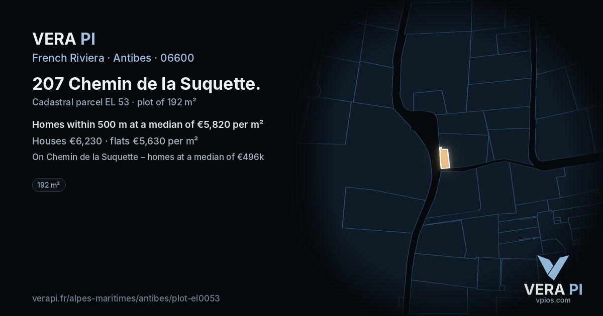 207 Chemin de la Suquette, Antibes at night – the plot lit, the parcels around coloured by the prices near them