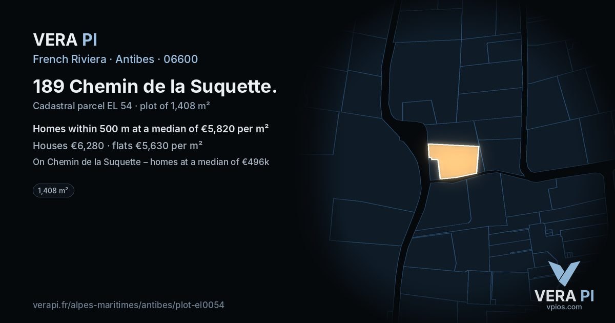 189 Chemin de la Suquette, Antibes at night – the plot lit, the parcels around coloured by the prices near them