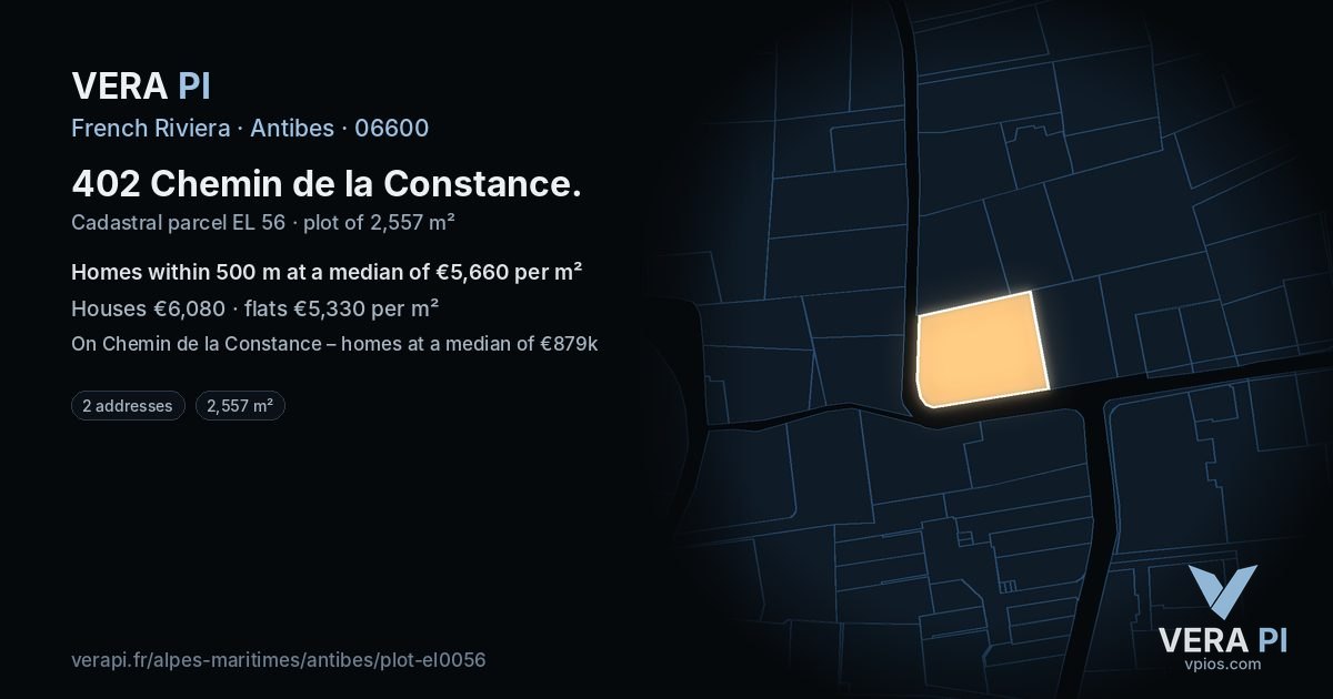 402 Chemin de la Constance, Antibes at night – the plot lit, the parcels around coloured by the prices near them