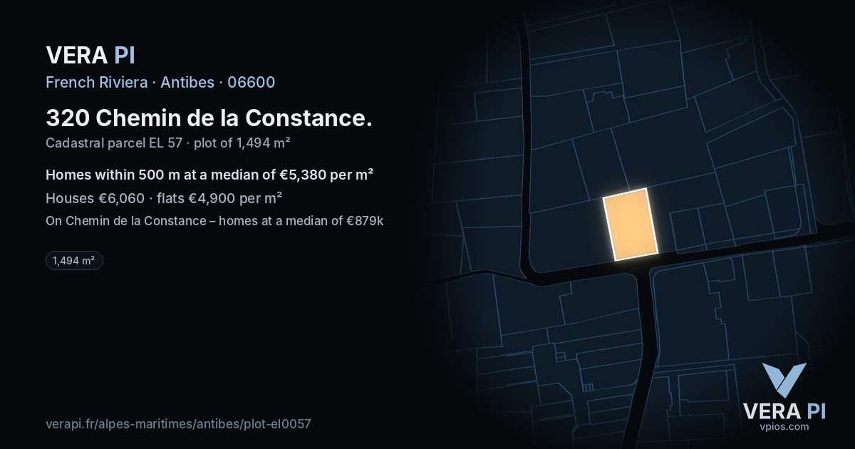 320 Chemin de la Constance, Antibes at night – the plot lit, the parcels around coloured by the prices near them