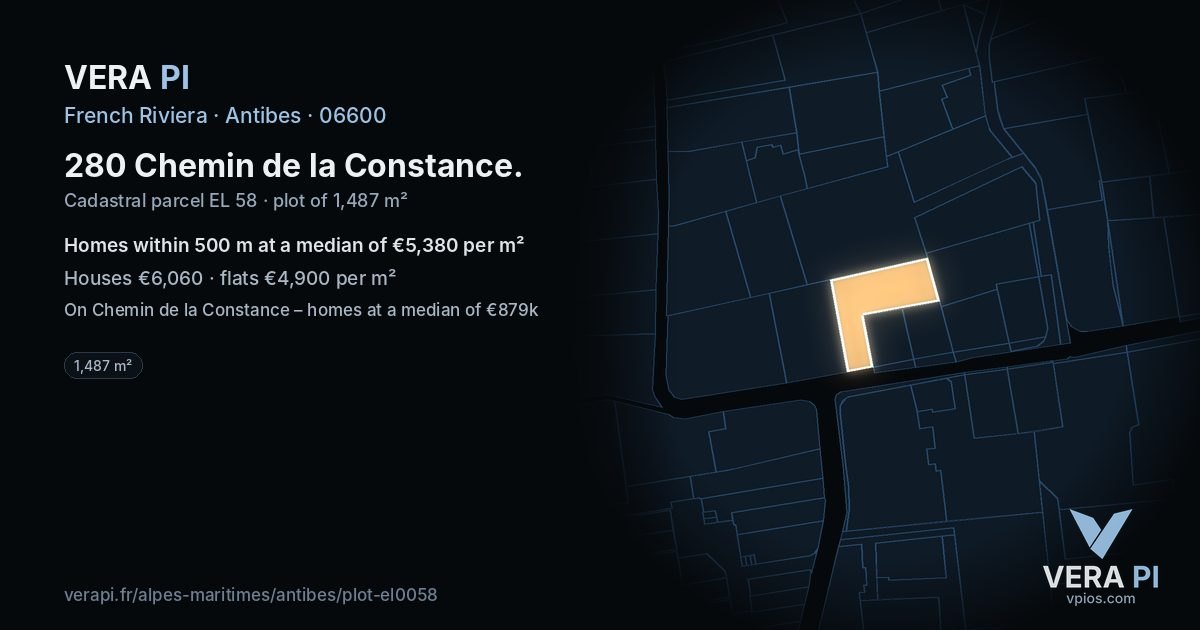 280 Chemin de la Constance, Antibes at night – the plot lit, the parcels around coloured by the prices near them
