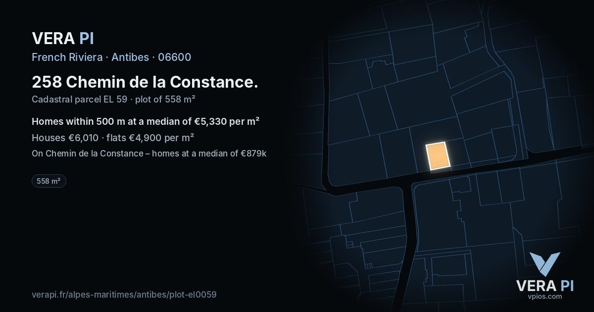 258 Chemin de la Constance, Antibes at night – the plot lit, the parcels around coloured by the prices near them