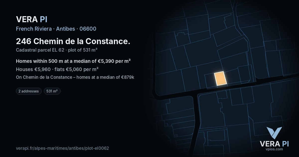 246 Chemin de la Constance, Antibes at night – the plot lit, the parcels around coloured by the prices near them