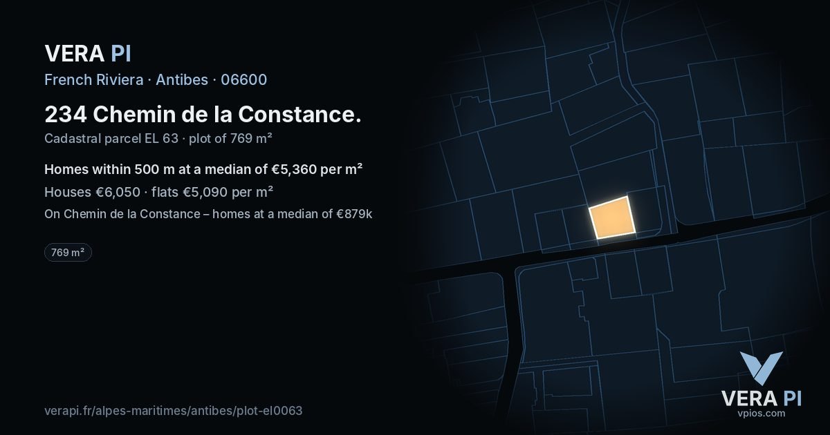 234 Chemin de la Constance, Antibes at night – the plot lit, the parcels around coloured by the prices near them