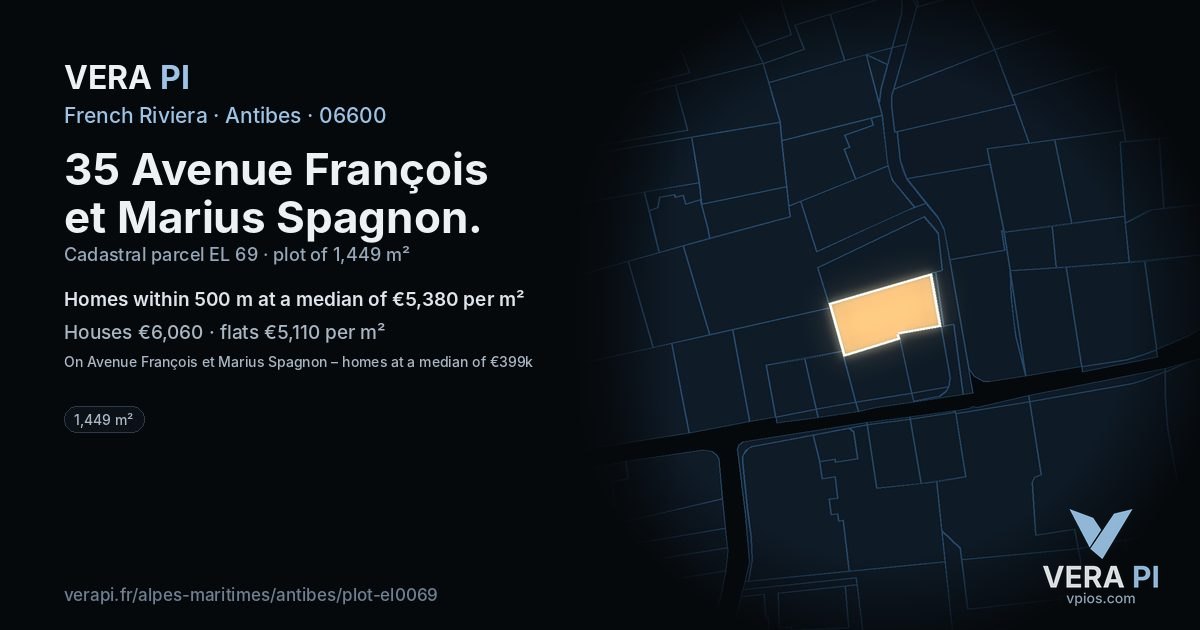 35 Avenue François et Marius Spagnon, Antibes at night – the plot lit, the parcels around coloured by the prices near them