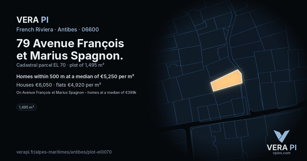79 Avenue François et Marius Spagnon, Antibes at night – the plot lit, the parcels around coloured by the prices near them