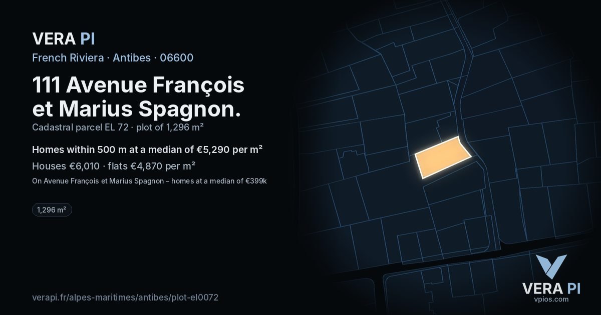 111 Avenue François et Marius Spagnon, Antibes at night – the plot lit, the parcels around coloured by the prices near them