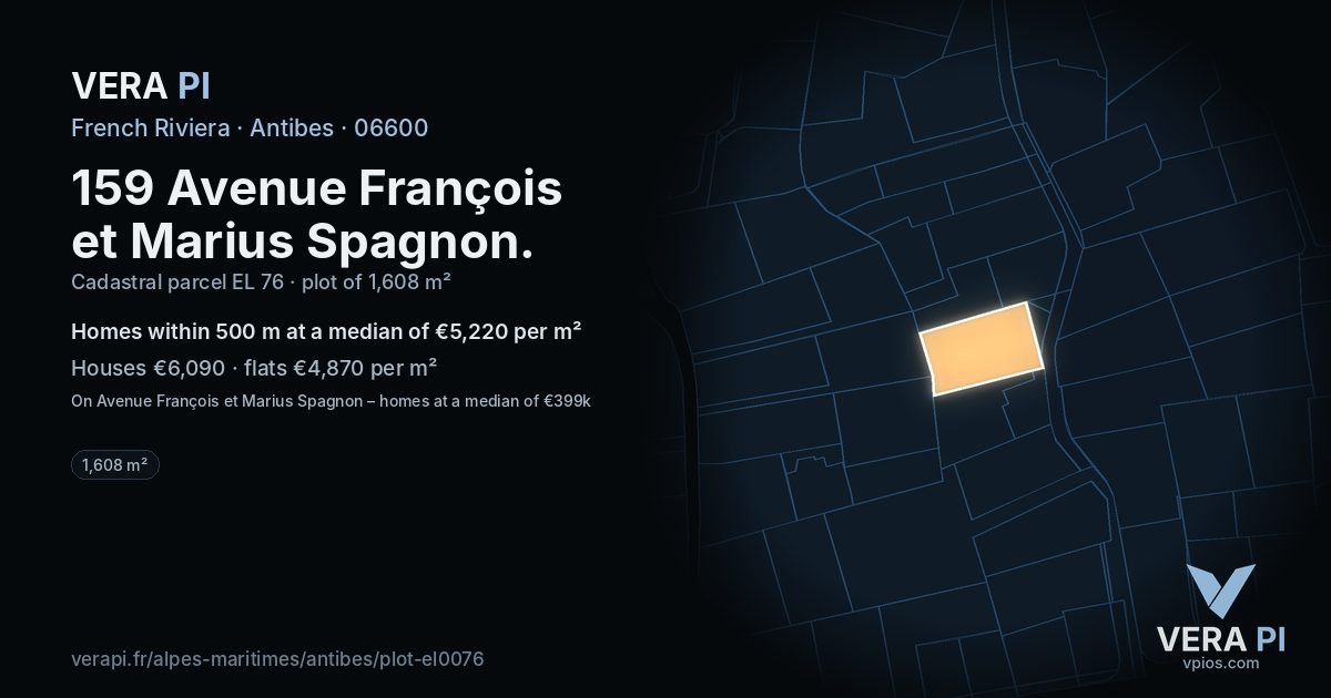 159 Avenue François et Marius Spagnon, Antibes at night – the plot lit, the parcels around coloured by the prices near them