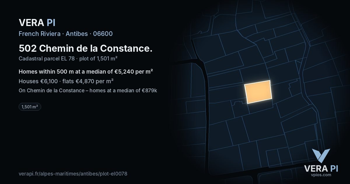 502 Chemin de la Constance, Antibes at night – the plot lit, the parcels around coloured by the prices near them
