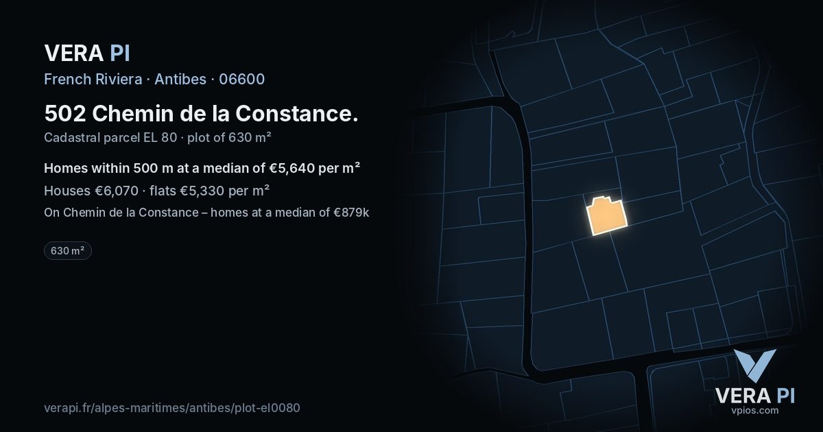 502 Chemin de la Constance, Antibes at night – the plot lit, the parcels around coloured by the prices near them