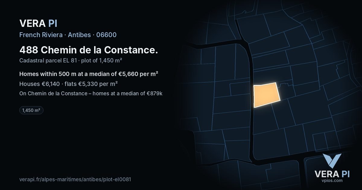 488 Chemin de la Constance, Antibes at night – the plot lit, the parcels around coloured by the prices near them