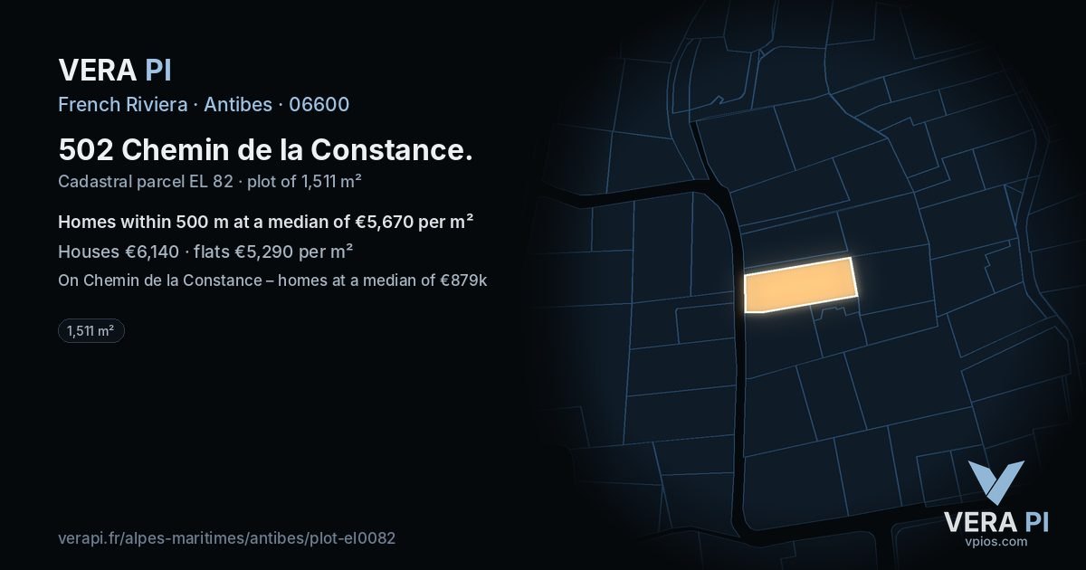 502 Chemin de la Constance, Antibes at night – the plot lit, the parcels around coloured by the prices near them