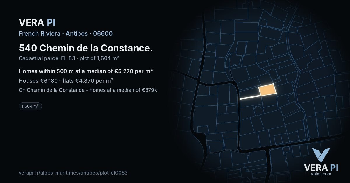 540 Chemin de la Constance, Antibes at night – the plot lit, the parcels around coloured by the prices near them