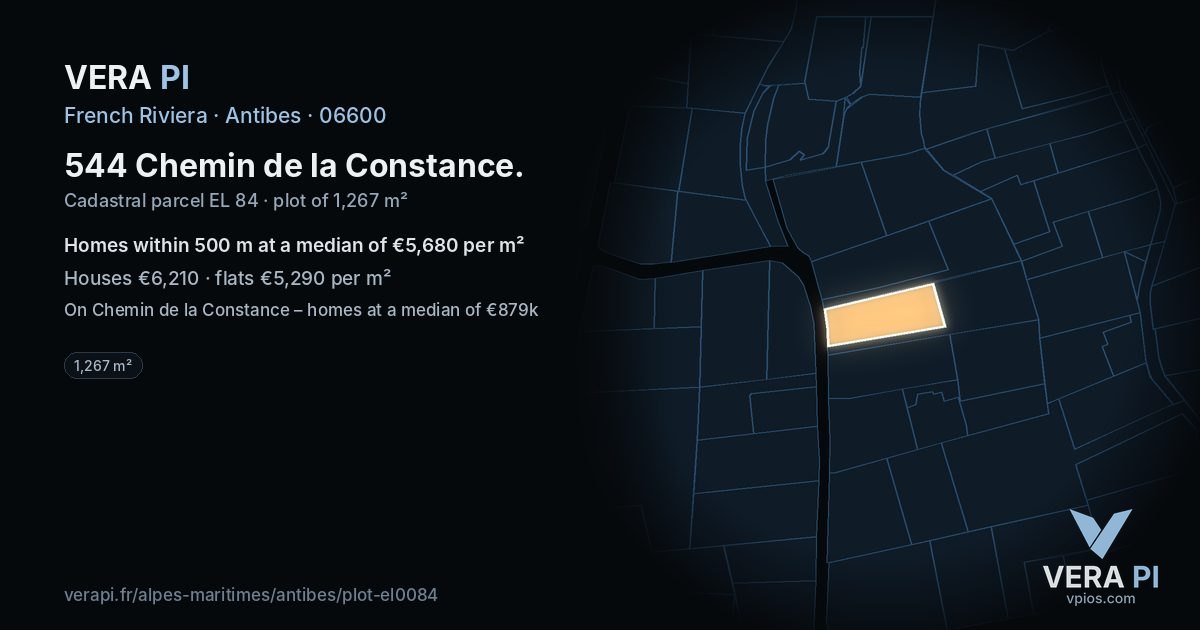 544 Chemin de la Constance, Antibes at night – the plot lit, the parcels around coloured by the prices near them