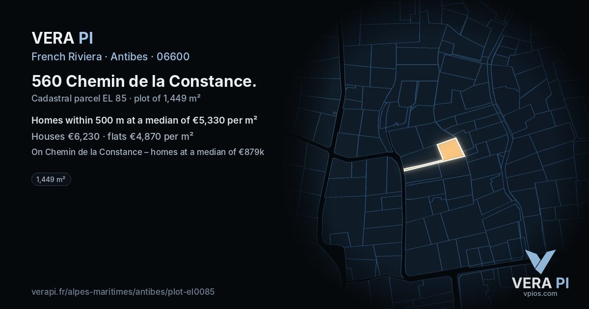 560 Chemin de la Constance, Antibes at night – the plot lit, the parcels around coloured by the prices near them