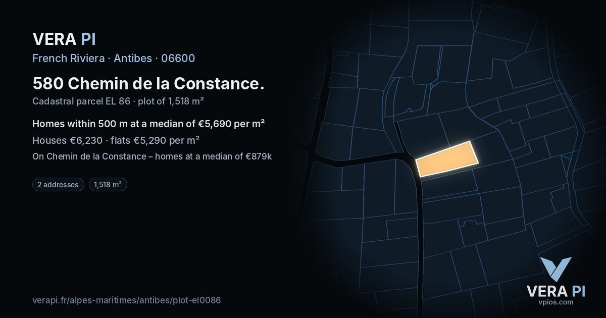 580 Chemin de la Constance, Antibes at night – the plot lit, the parcels around coloured by the prices near them