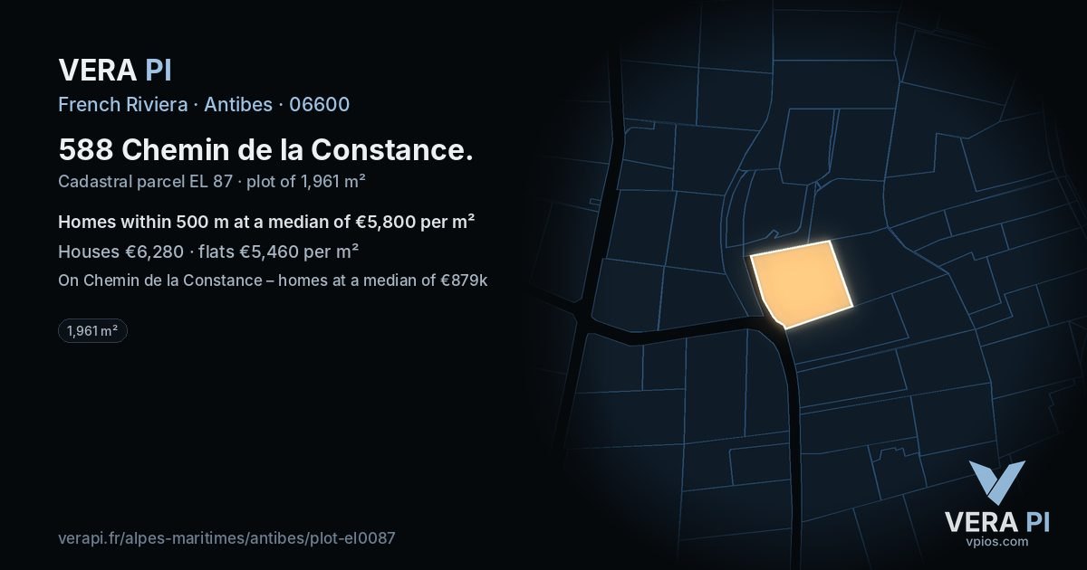 588 Chemin de la Constance, Antibes at night – the plot lit, the parcels around coloured by the prices near them