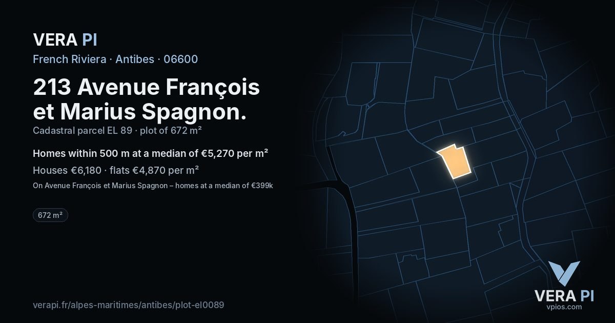 213 Avenue François et Marius Spagnon, Antibes at night – the plot lit, the parcels around coloured by the prices near them