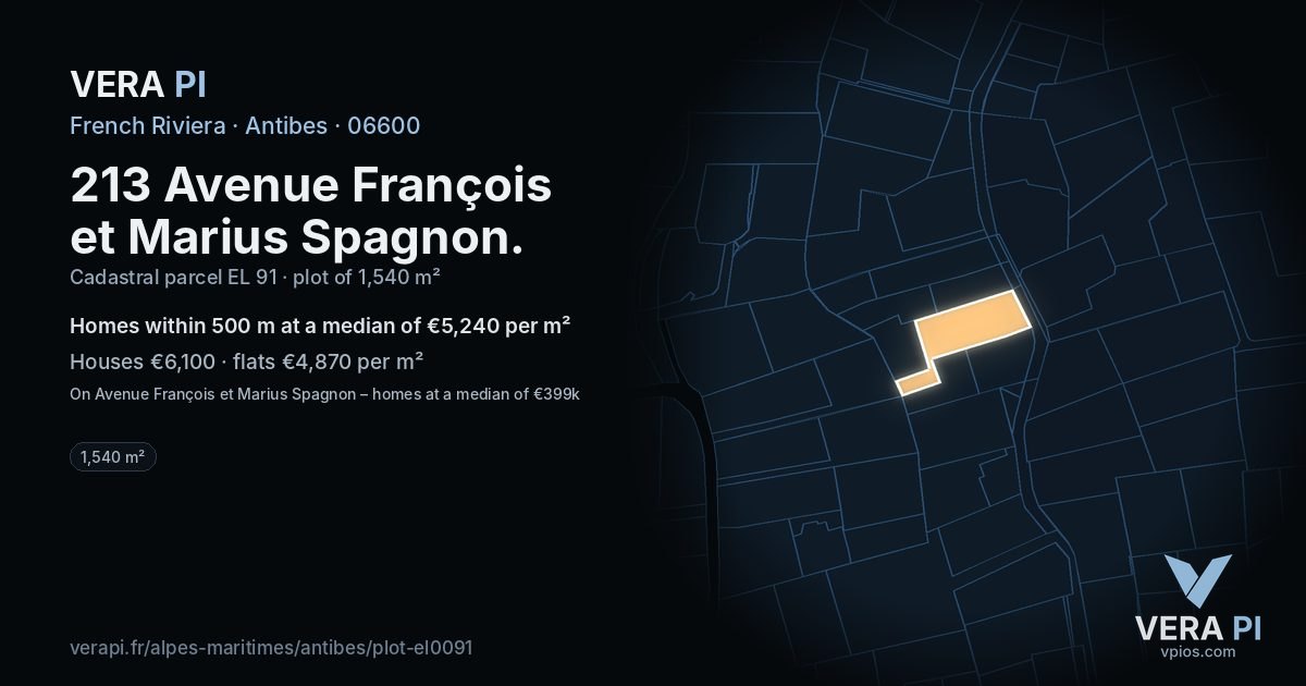 213 Avenue François et Marius Spagnon, Antibes at night – the plot lit, the parcels around coloured by the prices near them