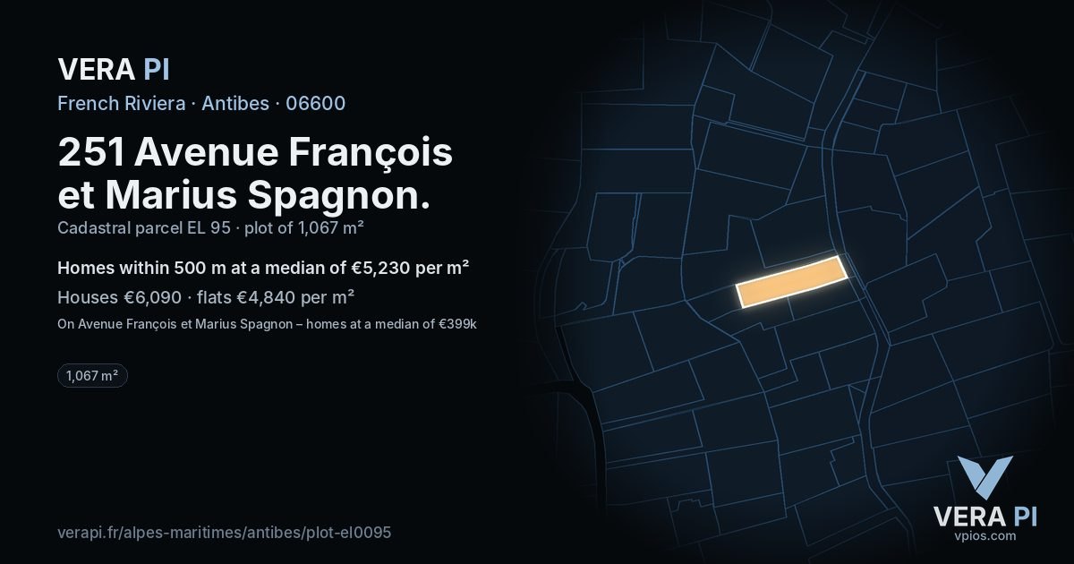 251 Avenue François et Marius Spagnon, Antibes at night – the plot lit, the parcels around coloured by the prices near them