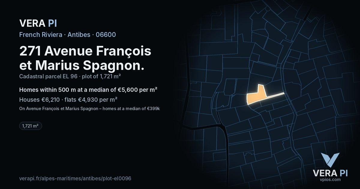271 Avenue François et Marius Spagnon, Antibes at night – the plot lit, the parcels around coloured by the prices near them