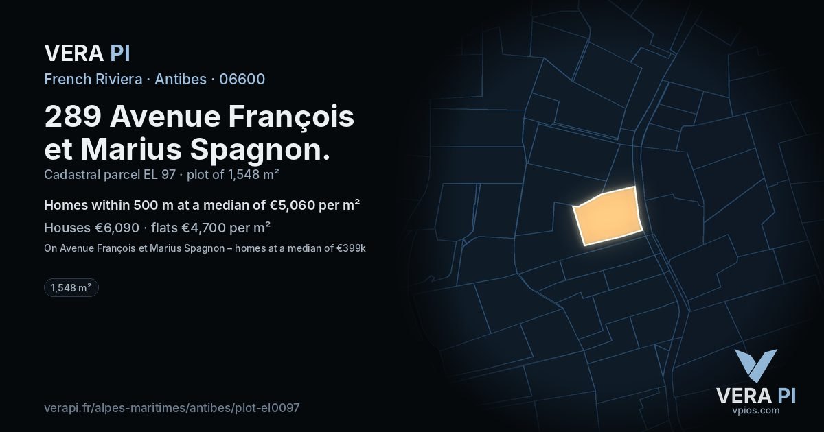 289 Avenue François et Marius Spagnon, Antibes at night – the plot lit, the parcels around coloured by the prices near them