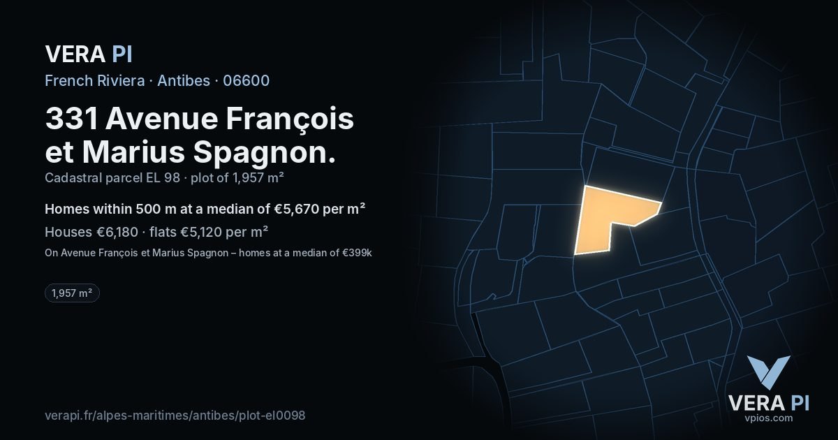 331 Avenue François et Marius Spagnon, Antibes at night – the plot lit, the parcels around coloured by the prices near them
