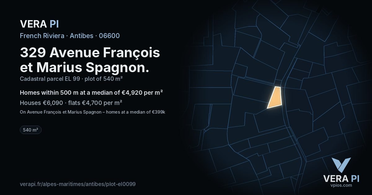 329 Avenue François et Marius Spagnon, Antibes at night – the plot lit, the parcels around coloured by the prices near them