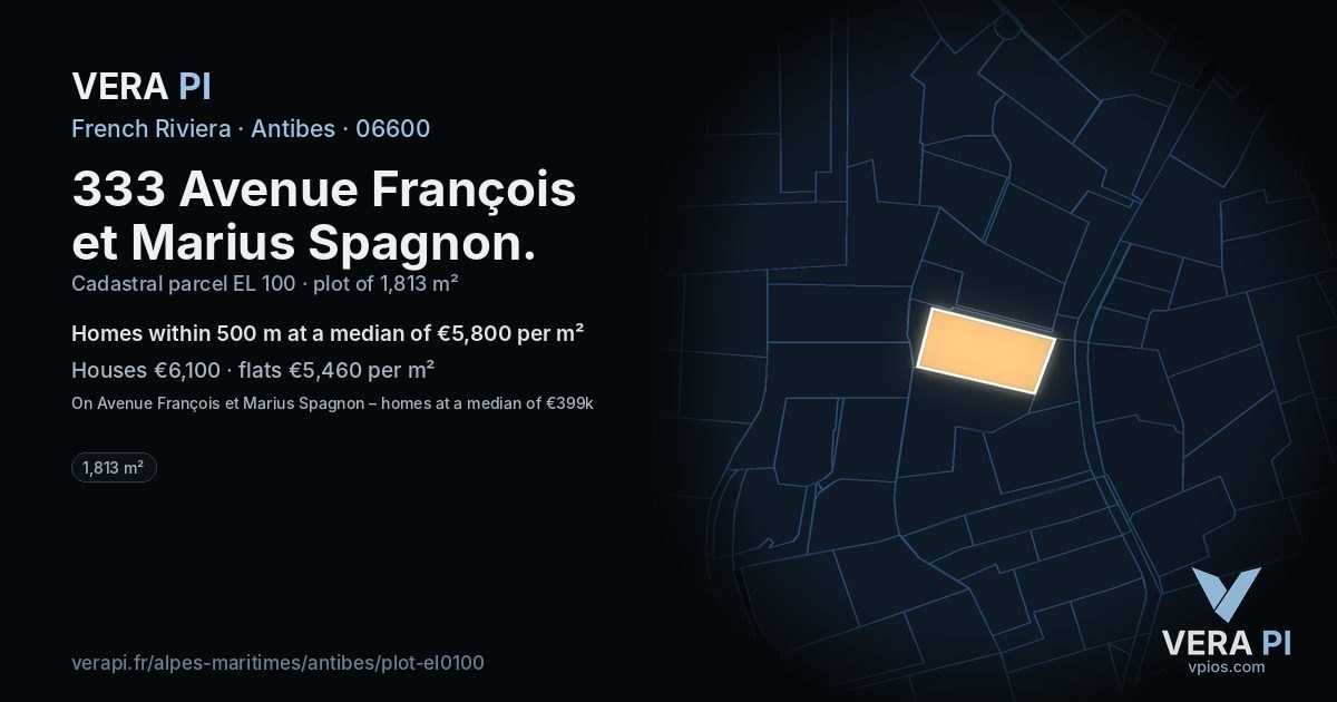 333 Avenue François et Marius Spagnon, Antibes at night – the plot lit, the parcels around coloured by the prices near them