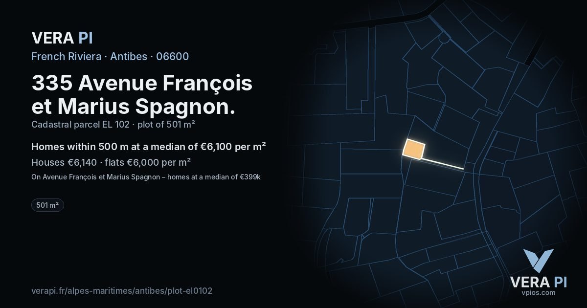 335 Avenue François et Marius Spagnon, Antibes at night – the plot lit, the parcels around coloured by the prices near them