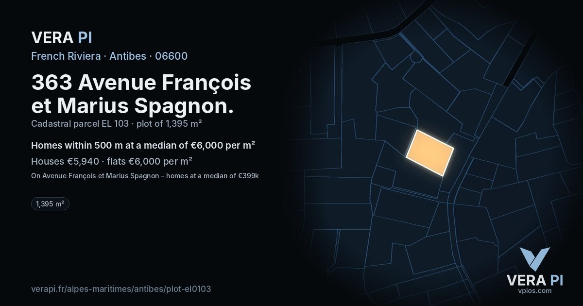 363 Avenue François et Marius Spagnon, Antibes at night – the plot lit, the parcels around coloured by the prices near them