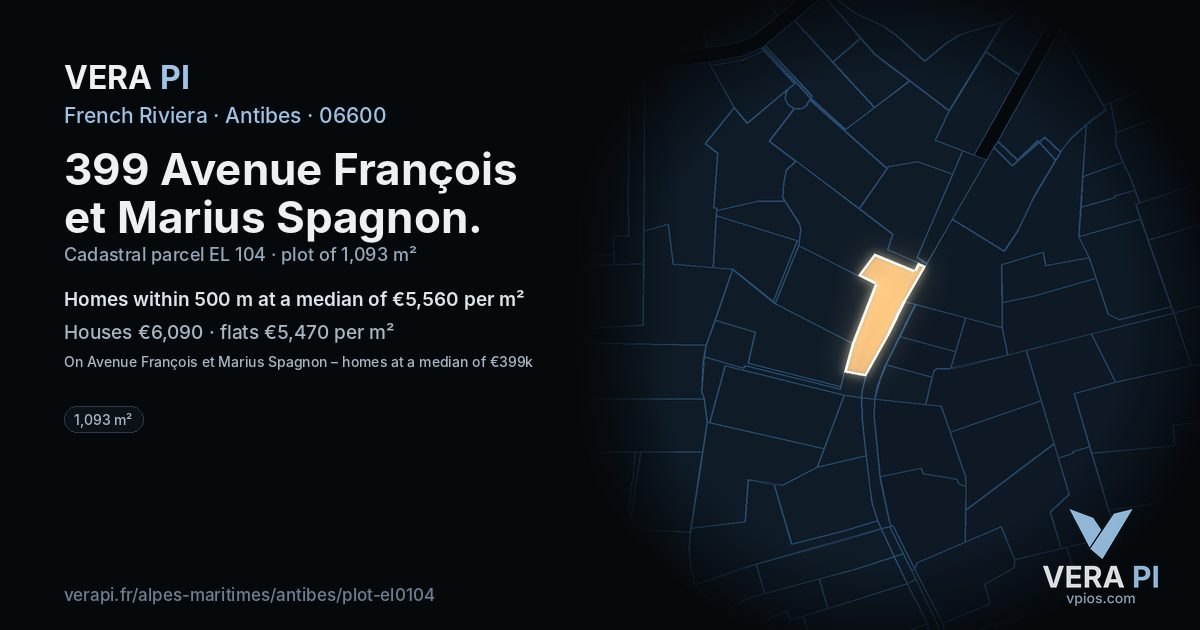 399 Avenue François et Marius Spagnon, Antibes at night – the plot lit, the parcels around coloured by the prices near them