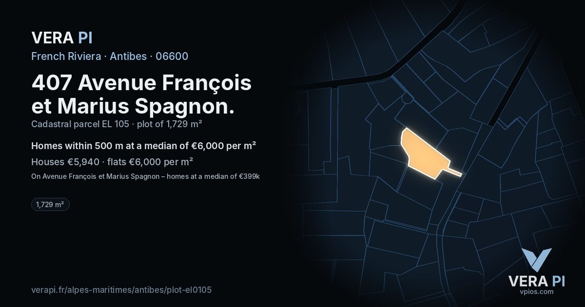 407 Avenue François et Marius Spagnon, Antibes at night – the plot lit, the parcels around coloured by the prices near them