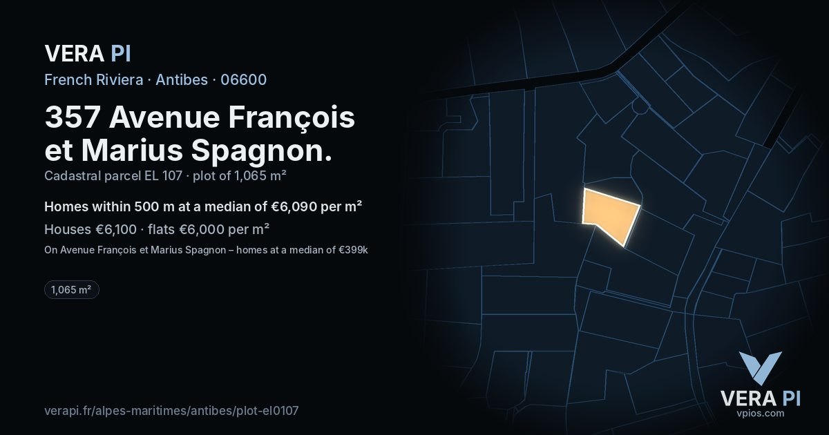 357 Avenue François et Marius Spagnon, Antibes at night – the plot lit, the parcels around coloured by the prices near them