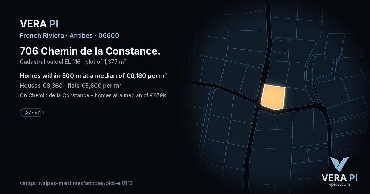 706 Chemin de la Constance, Antibes at night – the plot lit, the parcels around coloured by the prices near them