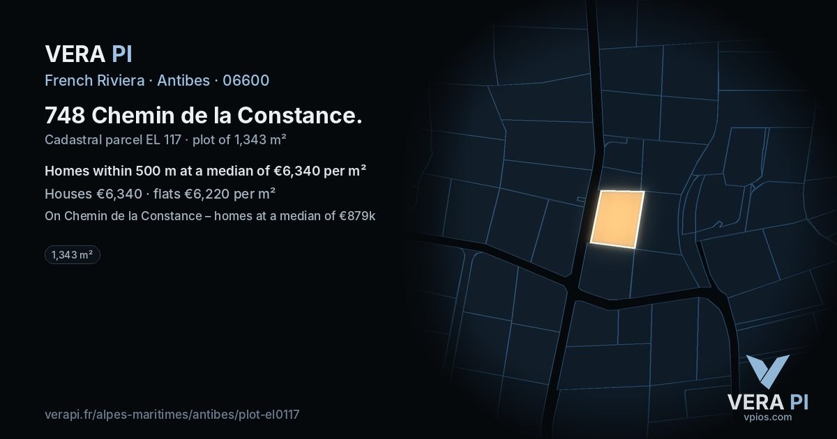 748 Chemin de la Constance, Antibes at night – the plot lit, the parcels around coloured by the prices near them