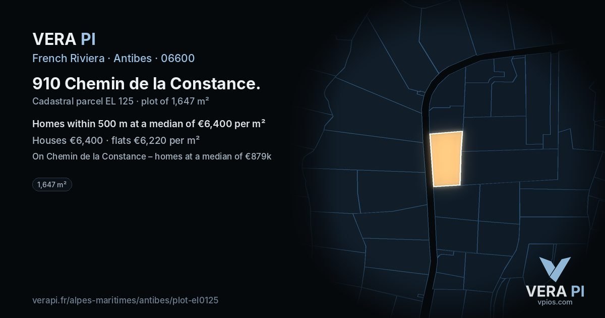910 Chemin de la Constance, Antibes at night – the plot lit, the parcels around coloured by the prices near them