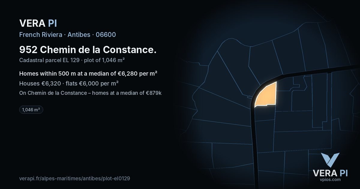 952 Chemin de la Constance, Antibes at night – the plot lit, the parcels around coloured by the prices near them