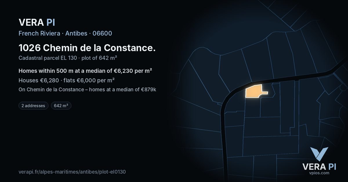 1026 Chemin de la Constance, Antibes at night – the plot lit, the parcels around coloured by the prices near them
