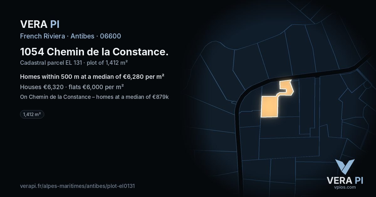 1054 Chemin de la Constance, Antibes at night – the plot lit, the parcels around coloured by the prices near them
