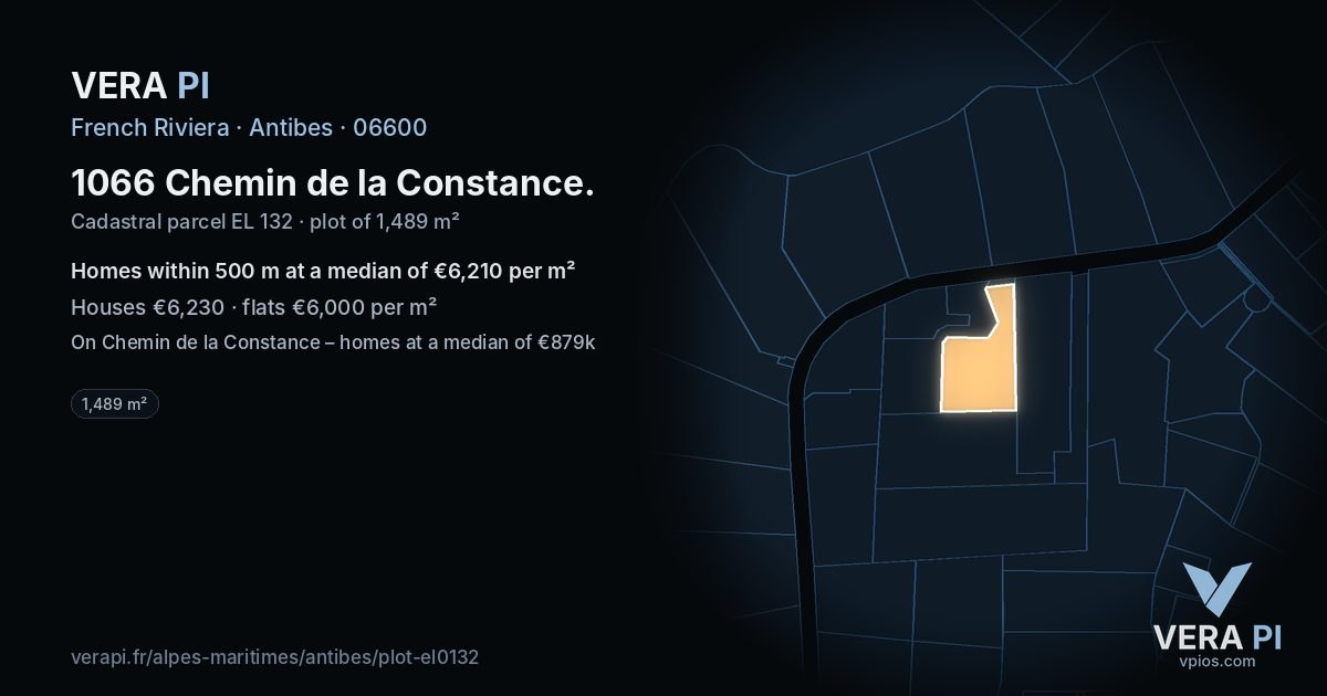 1066 Chemin de la Constance, Antibes at night – the plot lit, the parcels around coloured by the prices near them