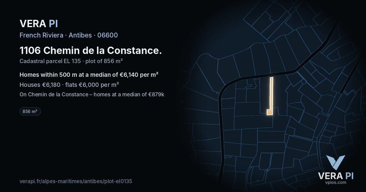 1106 Chemin de la Constance, Antibes at night – the plot lit, the parcels around coloured by the prices near them