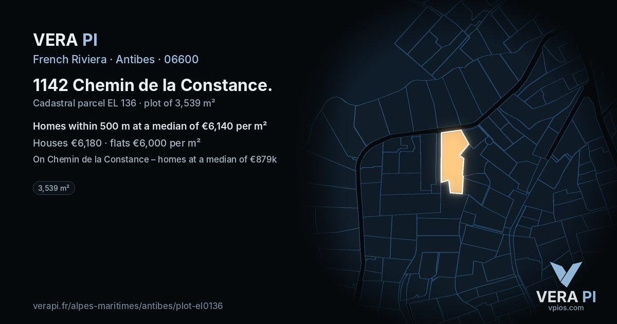 1142 Chemin de la Constance, Antibes at night – the plot lit, the parcels around coloured by the prices near them