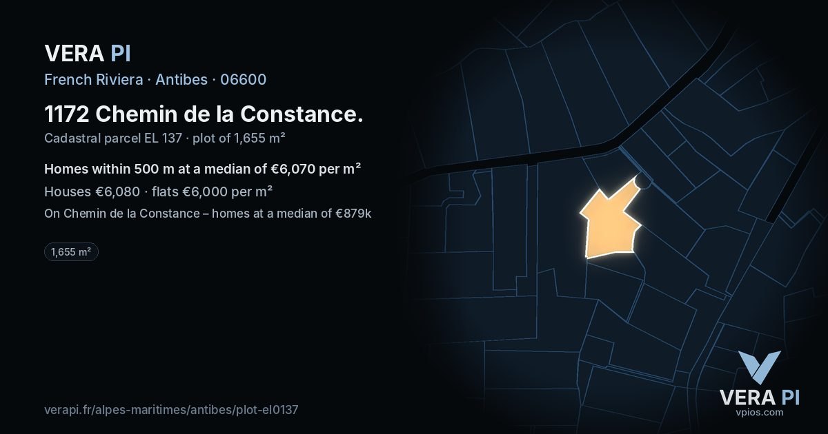 1172 Chemin de la Constance, Antibes at night – the plot lit, the parcels around coloured by the prices near them