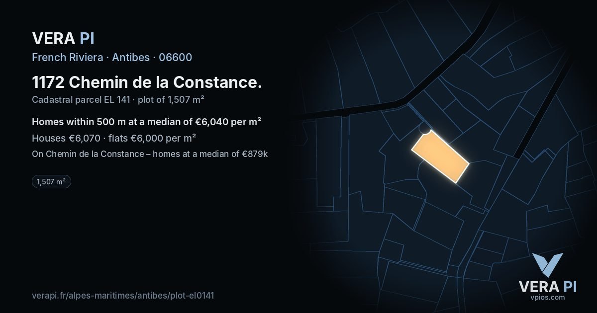 1172 Chemin de la Constance, Antibes at night – the plot lit, the parcels around coloured by the prices near them