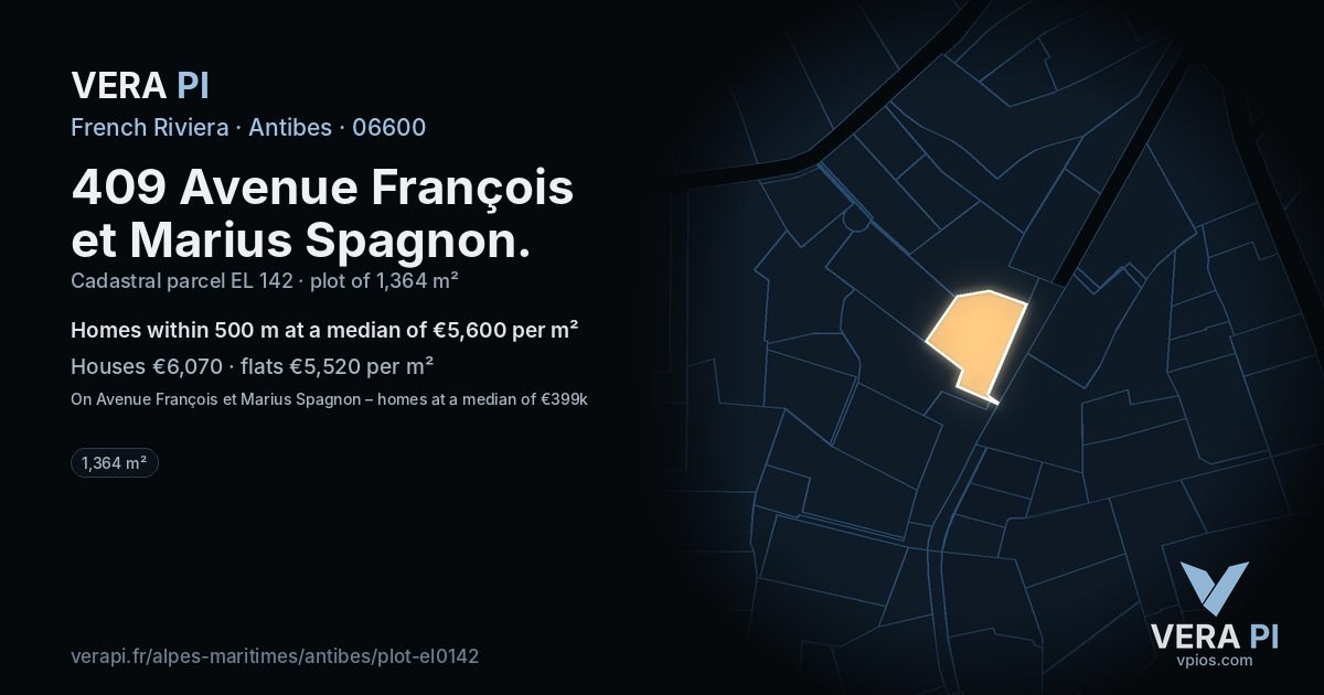 409 Avenue François et Marius Spagnon, Antibes at night – the plot lit, the parcels around coloured by the prices near them