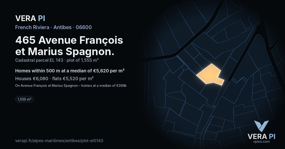 465 Avenue François et Marius Spagnon, Antibes at night – the plot lit, the parcels around coloured by the prices near them