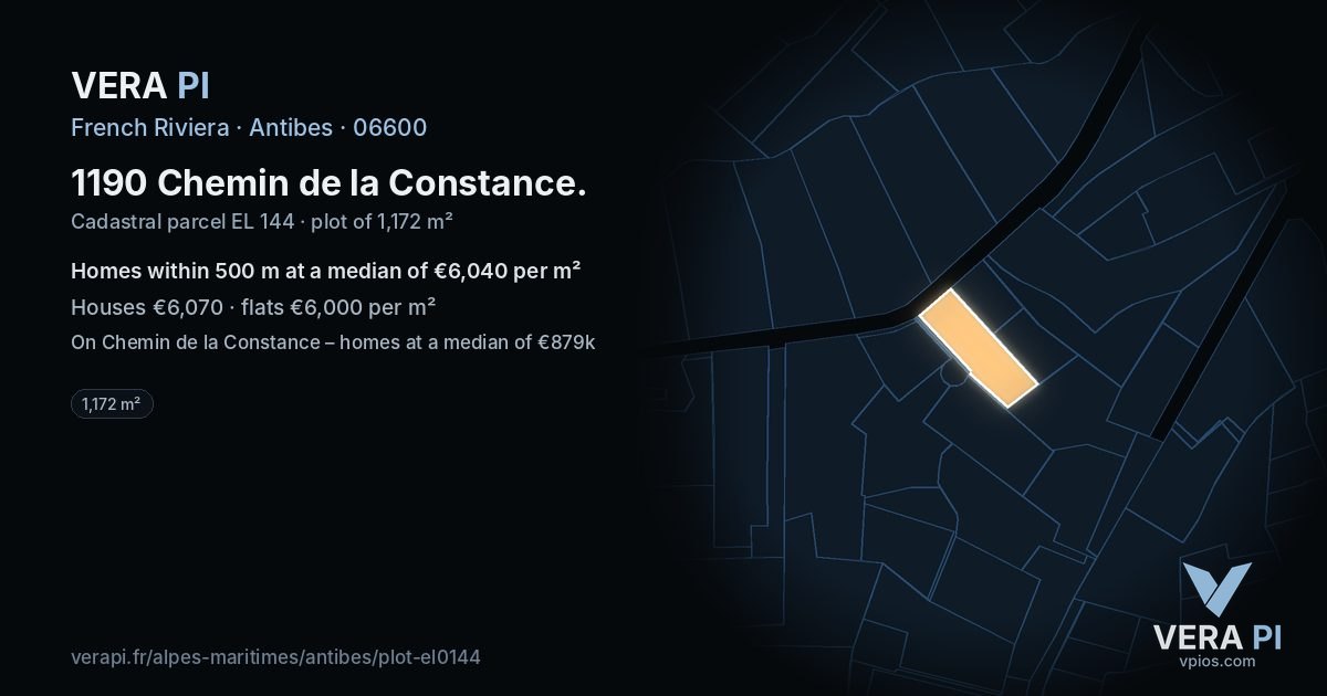 1190 Chemin de la Constance, Antibes at night – the plot lit, the parcels around coloured by the prices near them
